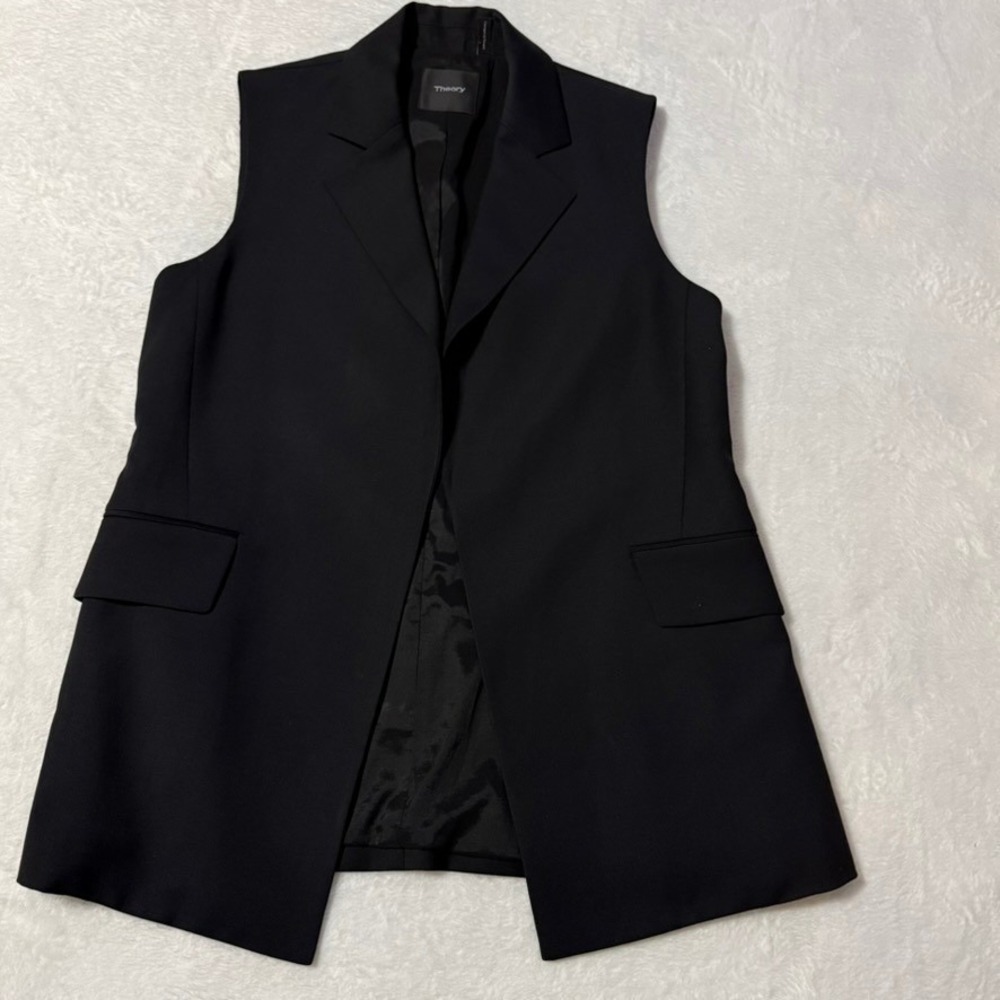 Theory Sedeia Continuous Vest Women Size 8 Black Virgin Wool Blend Longline